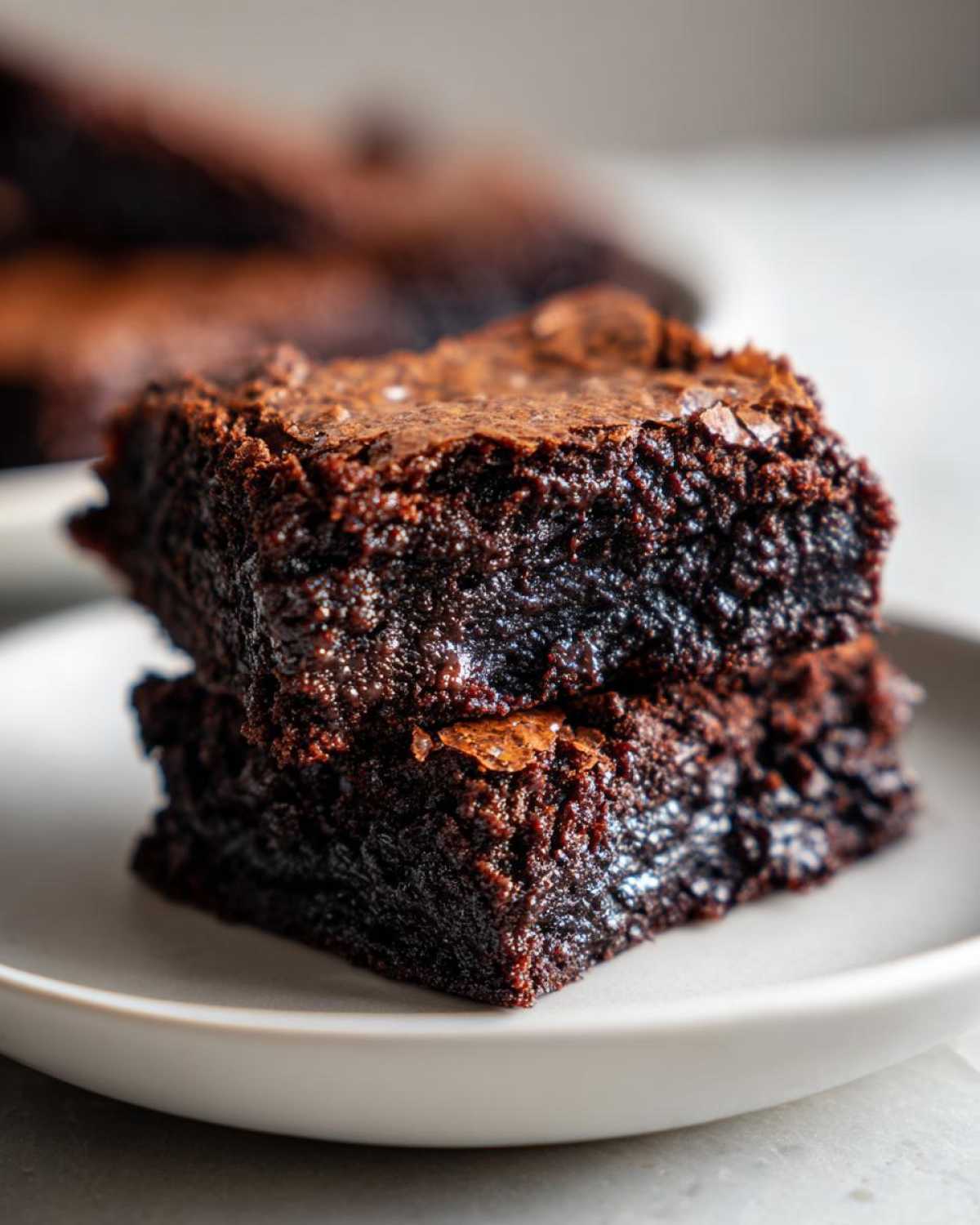 Close-up of two stacked, incredibly fudgy gingerbread brownies with shiny, crackly tops.