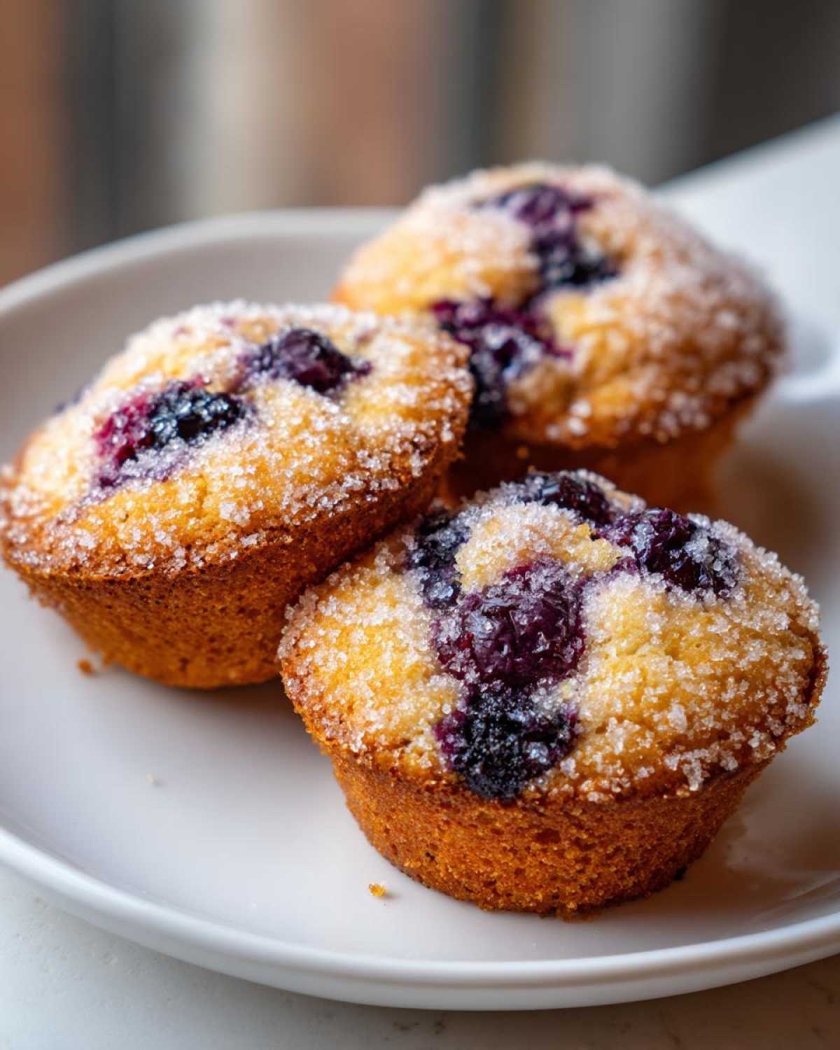 Three golden Gluten-Free Blueberry Lemon Muffin Tops topped with coarse sugar and baked blueberries on a white plate.