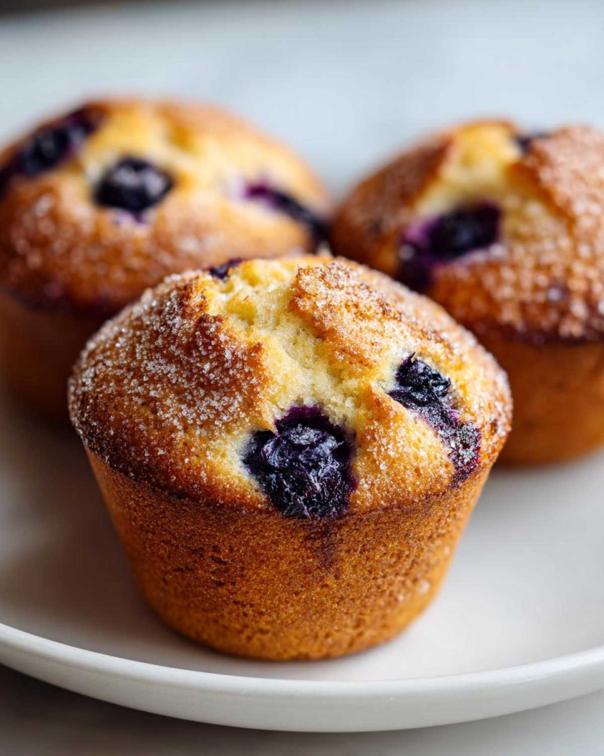 Three golden-brown Gluten-Free Blueberry Lemon Muffin Tops with visible blueberries and a coarse sugar topping.