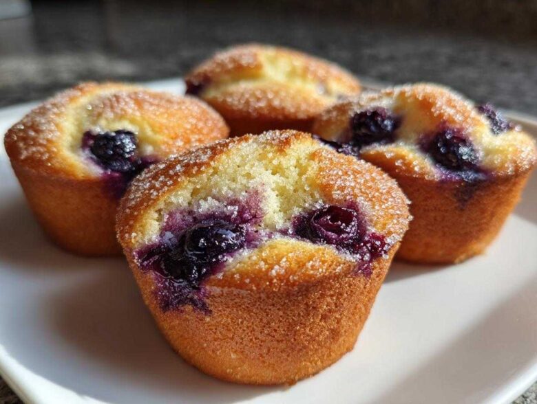 Four golden Gluten-Free Blueberry Lemon Muffin Tops topped with coarse sugar and bursting with blueberries.