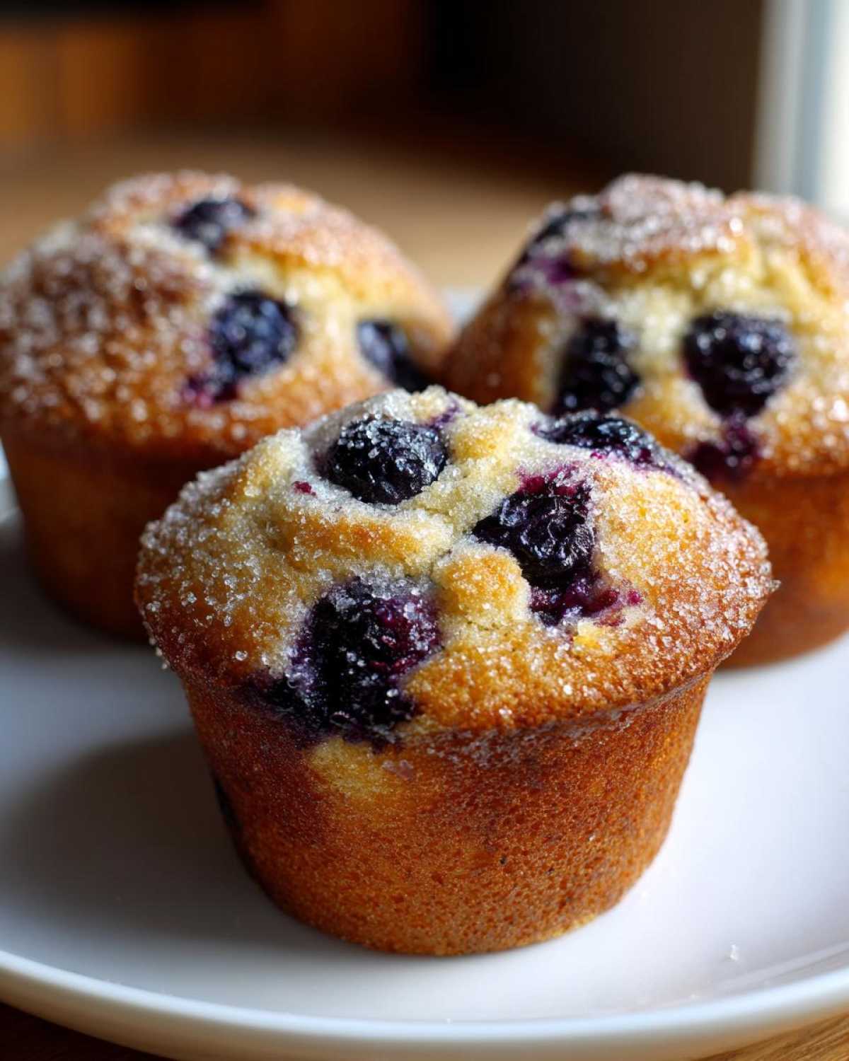 Three golden-brown Gluten-Free Blueberry Lemon Muffin Tops topped with coarse sugar and bursting blueberries.