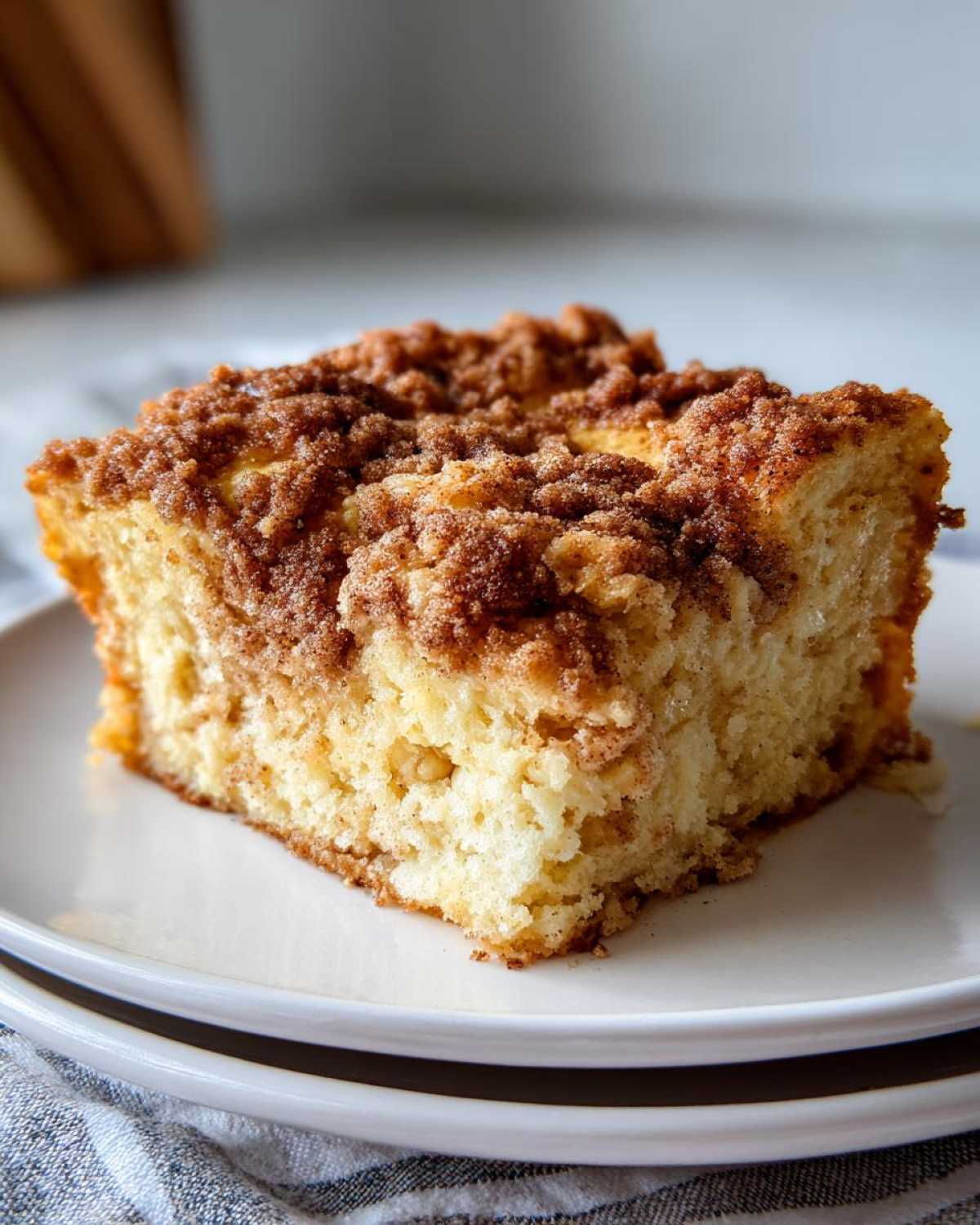 A thick slice of baked good with a rich cinnamon crunch topping, resembling Gluten-Free Cinnamon Crunch French Toast.
