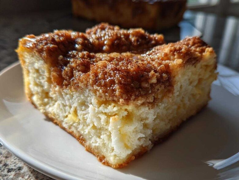 A thick, square slice of Gluten-Free Cinnamon Crunch French Toast with a rich, sugary cinnamon topping.