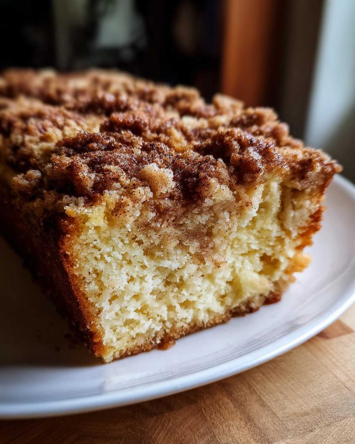 Close-up of a slice of bread/cake with a thick, sugary cinnamon crunch topping, resembling Gluten-Free Cinnamon Crunch French Toast.