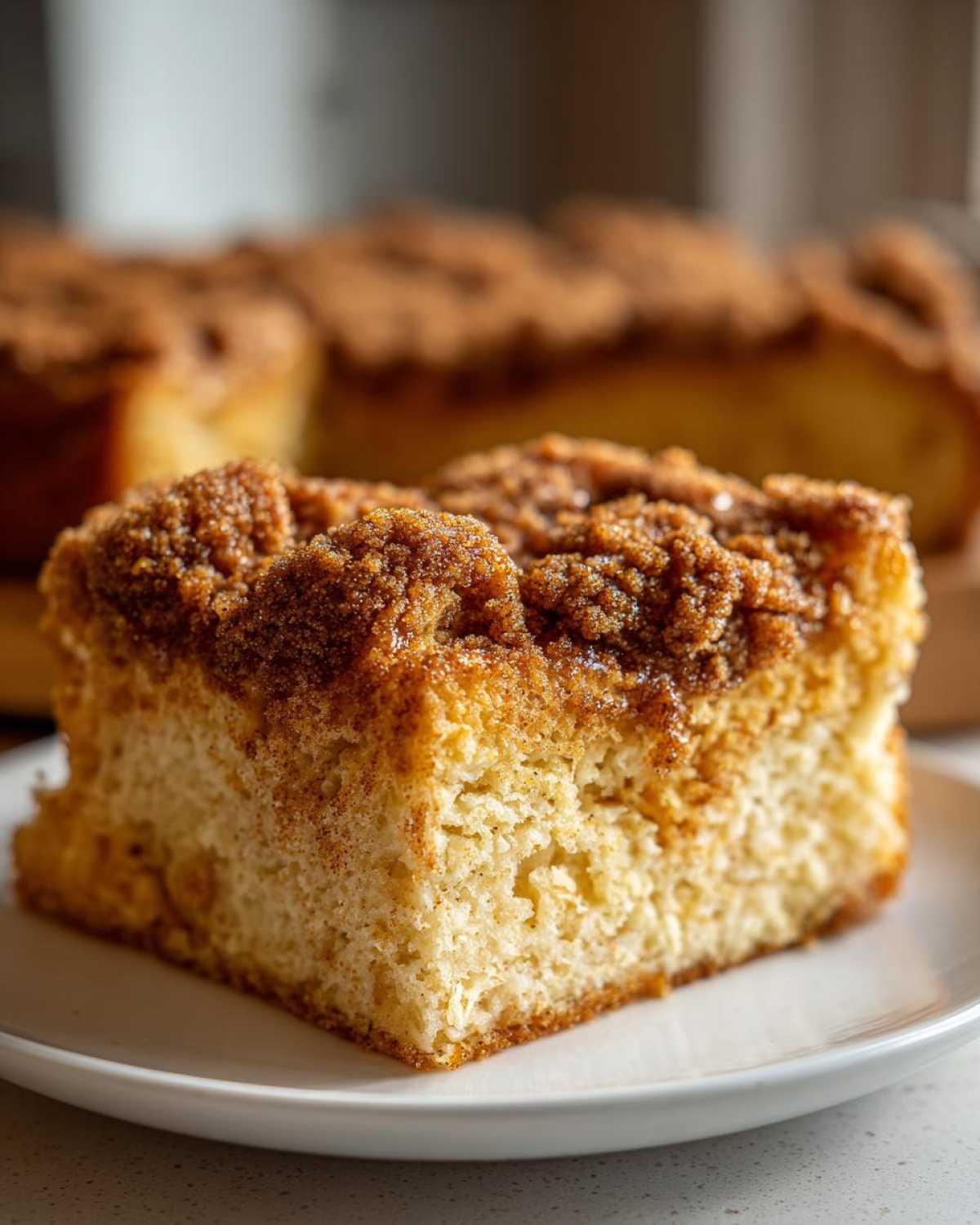 Close-up of a square slice of Gluten-Free Cinnamon Crunch French Toast with thick, sugary cinnamon topping.