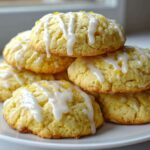 A stack of soft, yellow Gluten-Free Lemon Ricotta Cookies drizzled with white lemon glaze and topped with zest.