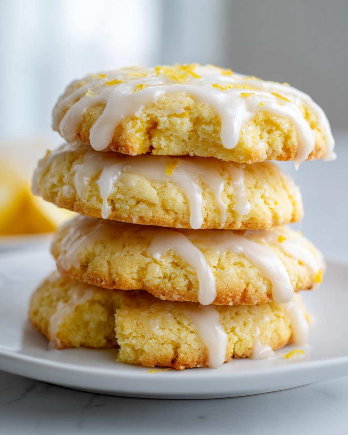 A stack of four moist Gluten-Free Lemon Ricotta Cookies drizzled with white lemon glaze and topped with zest.