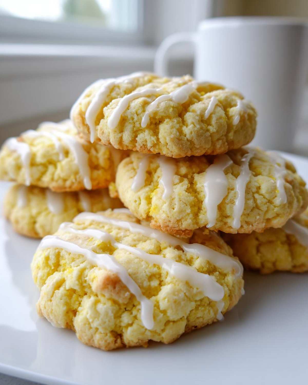 A stack of bright yellow Gluten-Free Lemon Ricotta Cookies drizzled with white lemon glaze, set against a bright background.