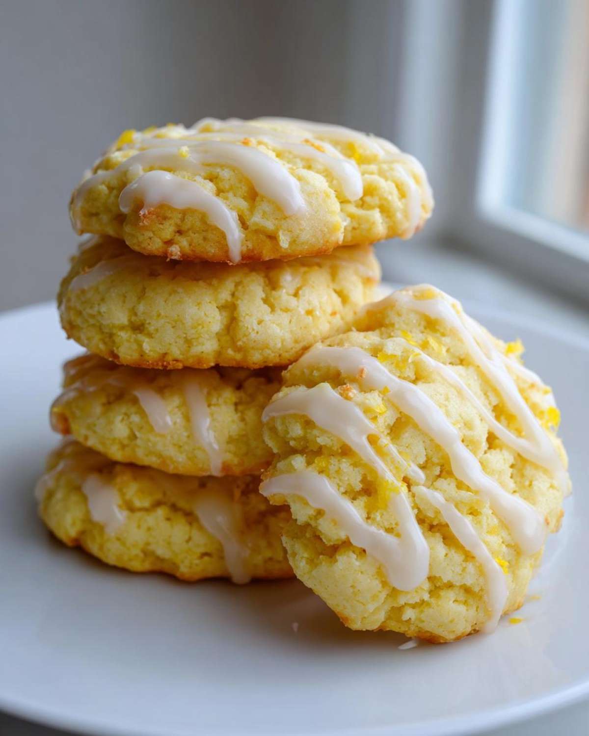 A stack of four soft Gluten-Free Lemon Ricotta Cookies drizzled with a white lemon glaze.