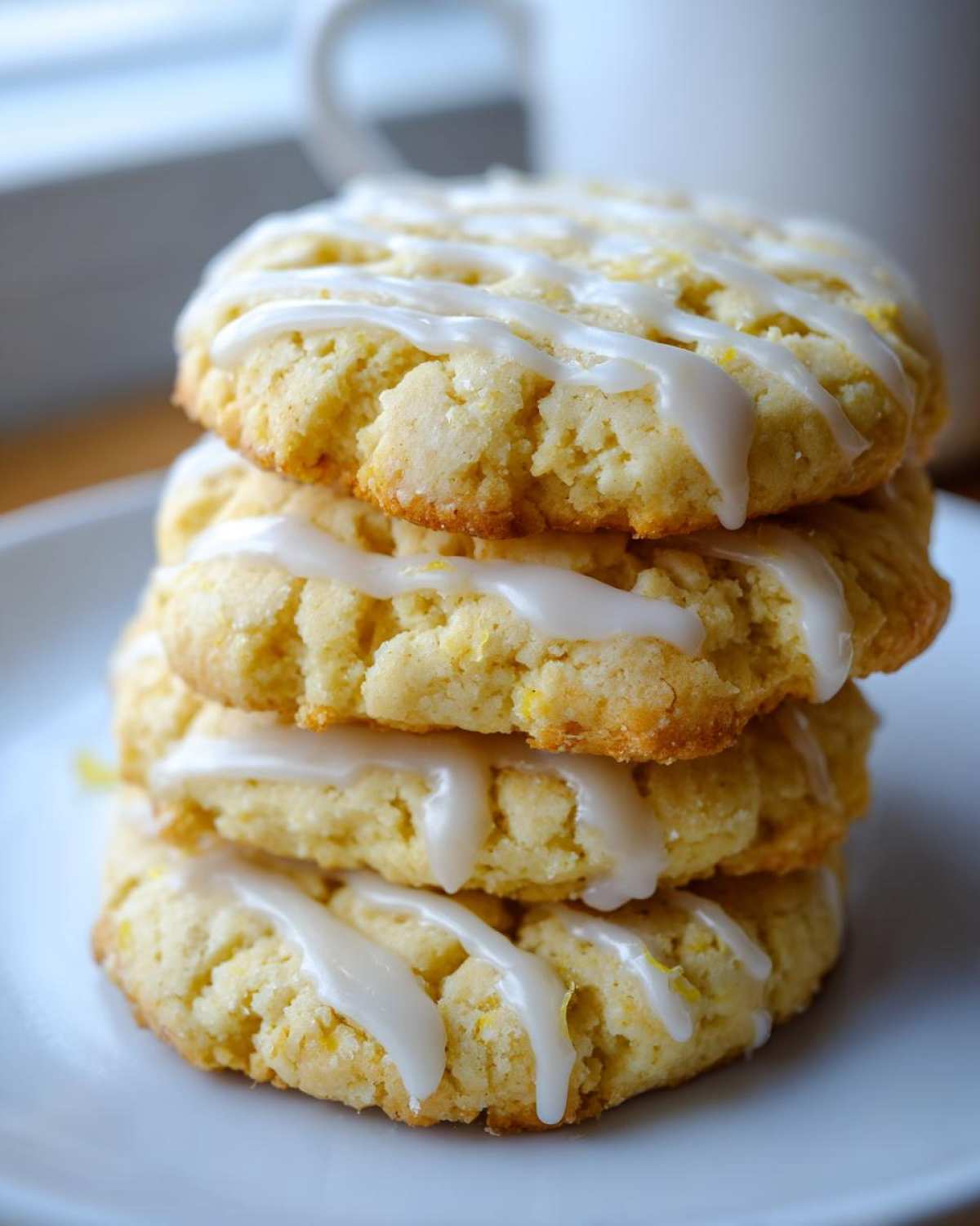 A stack of four soft Gluten-Free Lemon Ricotta Cookies drizzled with white lemon glaze.