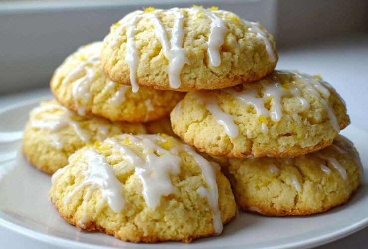A stack of soft, yellow Gluten-Free Lemon Ricotta Cookies drizzled with white lemon glaze and topped with zest.