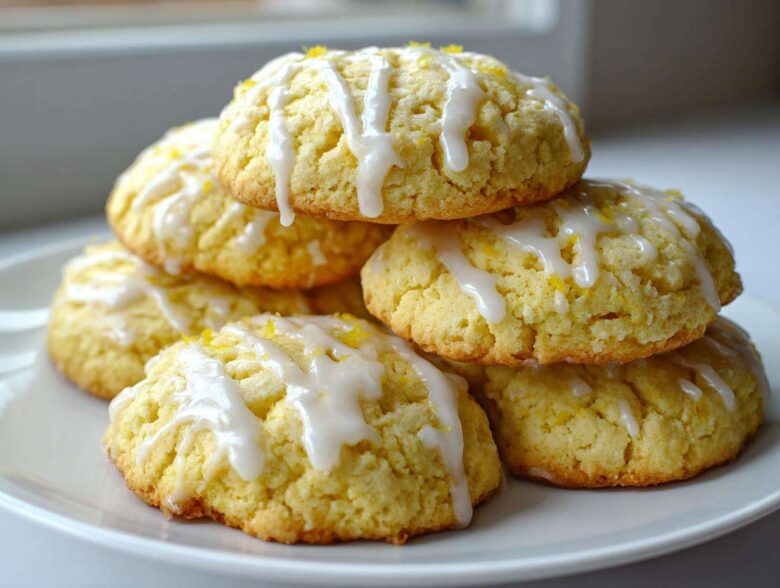 A stack of soft, yellow Gluten-Free Lemon Ricotta Cookies drizzled with white lemon glaze and topped with zest.