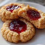 Three Gluten-Free Raspberry Almond Thumbprint Cookies stacked on a white plate, showing the jam center.