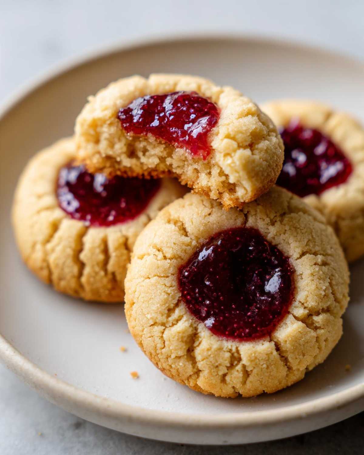 Close-up of Gluten-Free Raspberry Almond Thumbprint Cookies, one broken open showing the almond cookie texture and raspberry jam center.