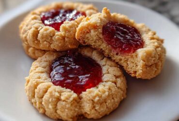 Three Gluten-Free Raspberry Almond Thumbprint Cookies stacked on a white plate, showing the jam center.