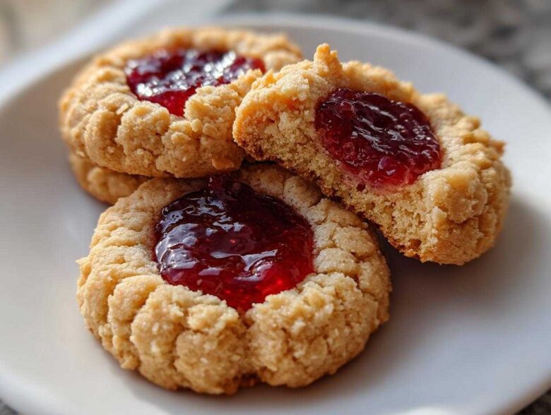 Three Gluten-Free Raspberry Almond Thumbprint Cookies stacked on a white plate, showing the jam center.