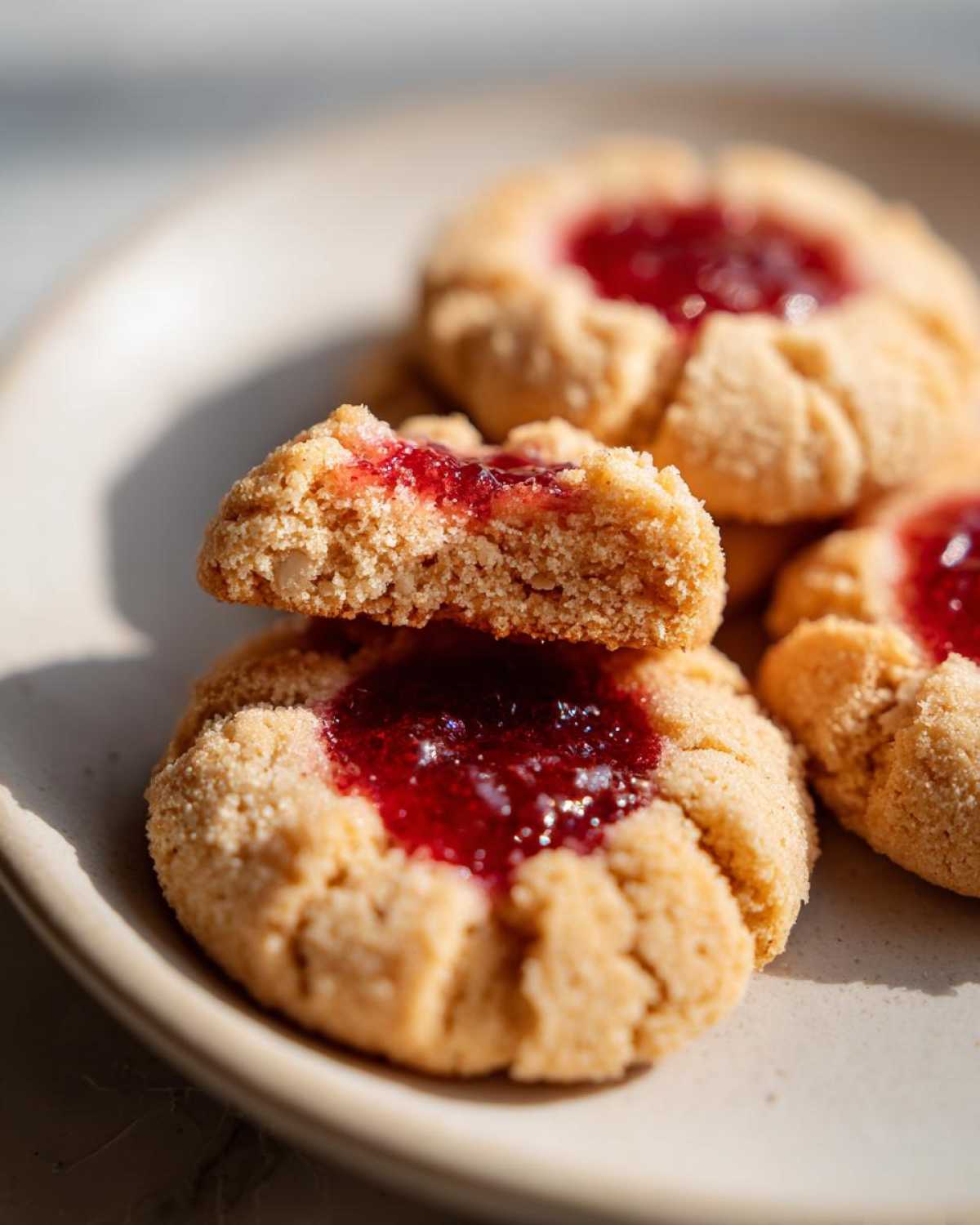 A Gluten-Free Raspberry Almond Thumbprint Cookie broken in half showing the crumb texture and raspberry jam filling.