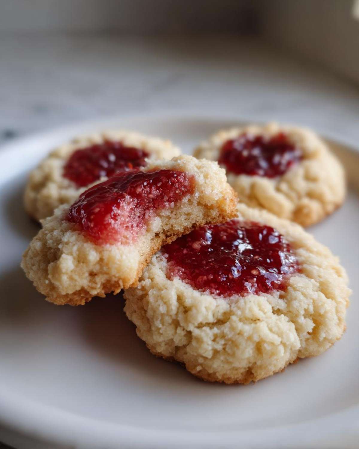 A broken Gluten-Free Raspberry Almond Thumbprint Cookie revealing the soft interior next to whole cookies topped with bright red jam.