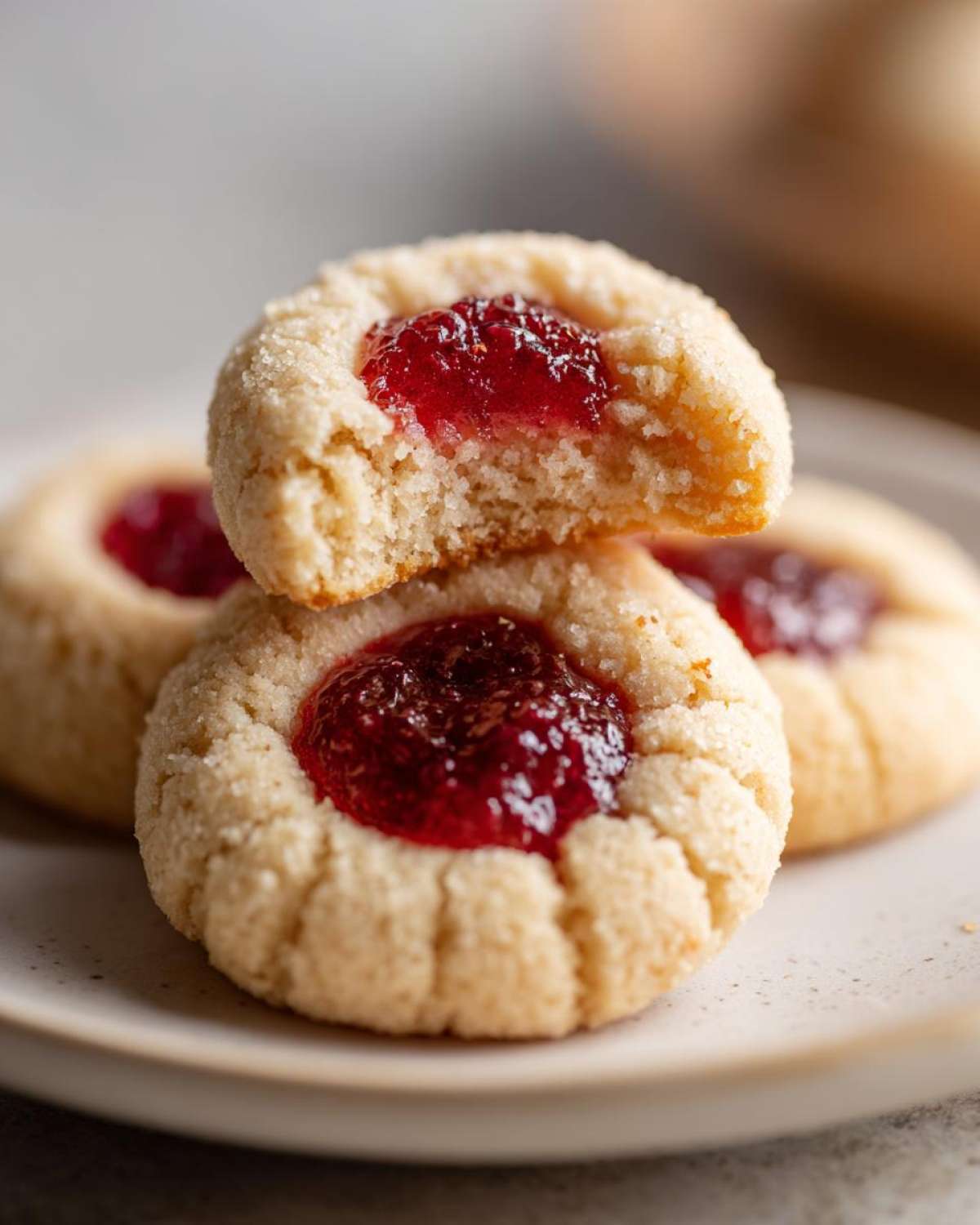 Close-up of Gluten-Free Raspberry Almond Thumbprint Cookies stacked, showing the jam center and almond texture.