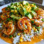 Close-up of a gourmet shrimp bowl featuring grilled shrimp, rice, creamy orange sauce, corn, and diced avocado.