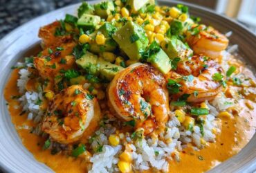 Close-up of a gourmet shrimp bowl featuring grilled shrimp, rice, creamy orange sauce, corn, and diced avocado.