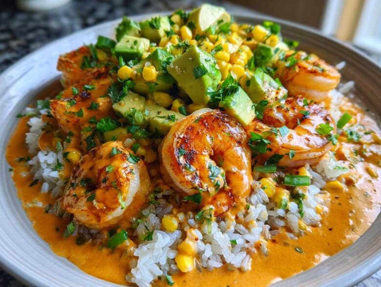 Close-up of a gourmet shrimp bowl featuring grilled shrimp, rice, creamy orange sauce, corn, and diced avocado.