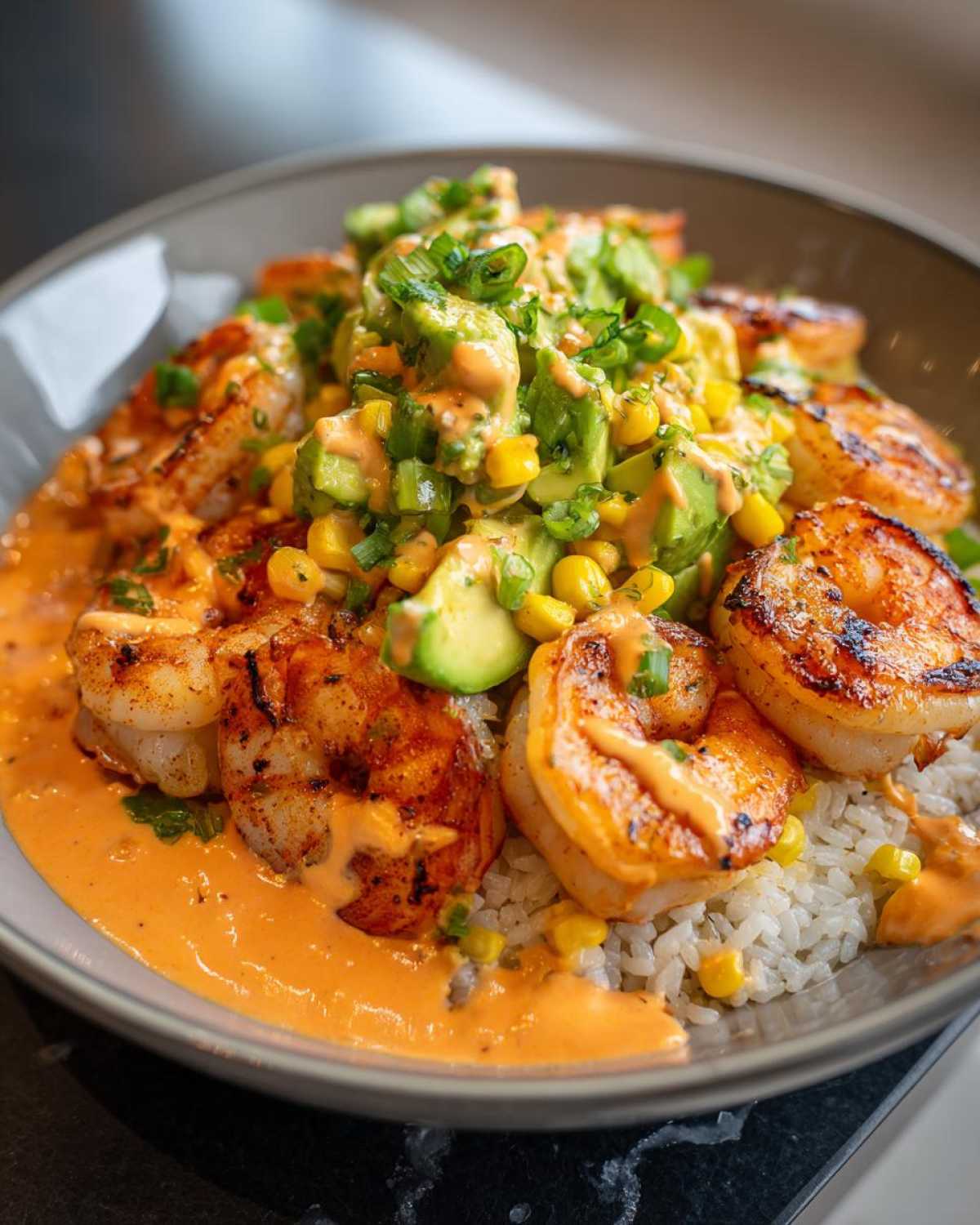 Close-up of a gourmet shrimp bowl featuring grilled shrimp, rice, avocado chunks, corn, and a creamy orange sauce.