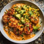 Close-up of a gourmet shrimp bowl featuring grilled shrimp, avocado chunks, corn, and a creamy orange sauce over rice.