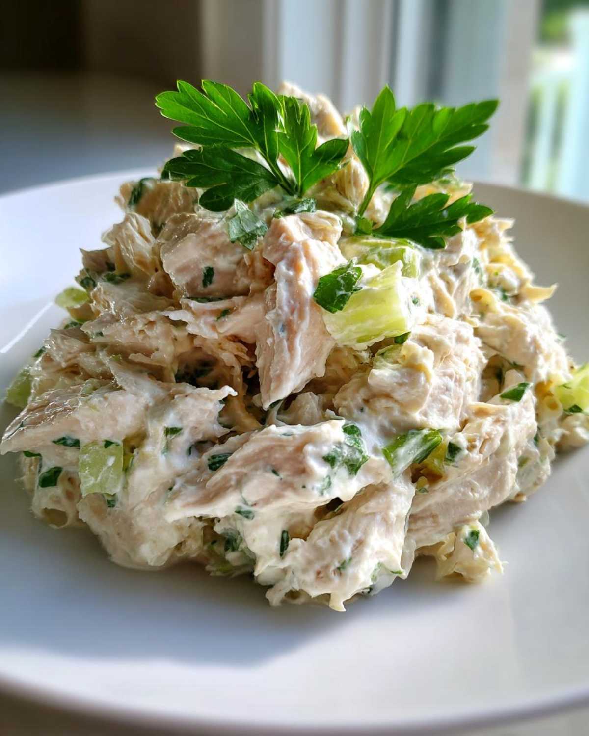 A mound of creamy greek yogurt chicken salad mixed with celery and topped with fresh parsley sprigs.