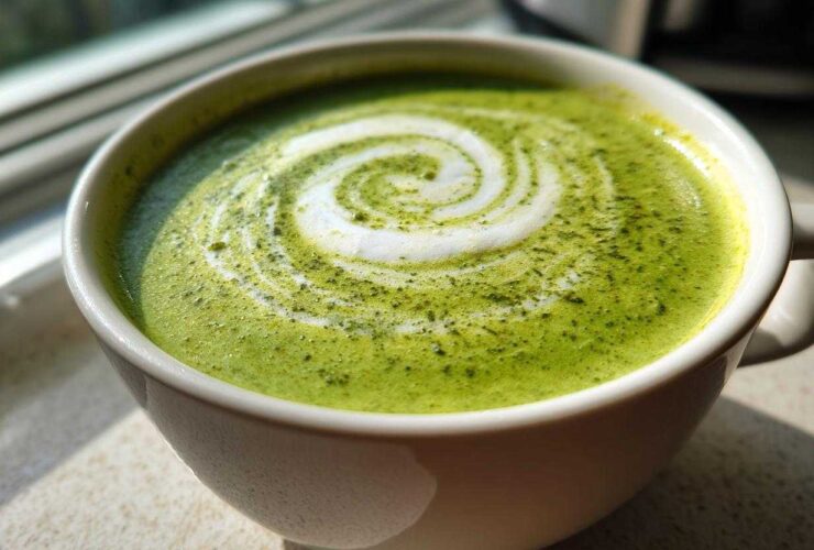 Close-up of a vibrant green beverage, likely a matcha latte, topped with white foam in a spiral design, not the Instant Pot Creamy Asparagus Soup.