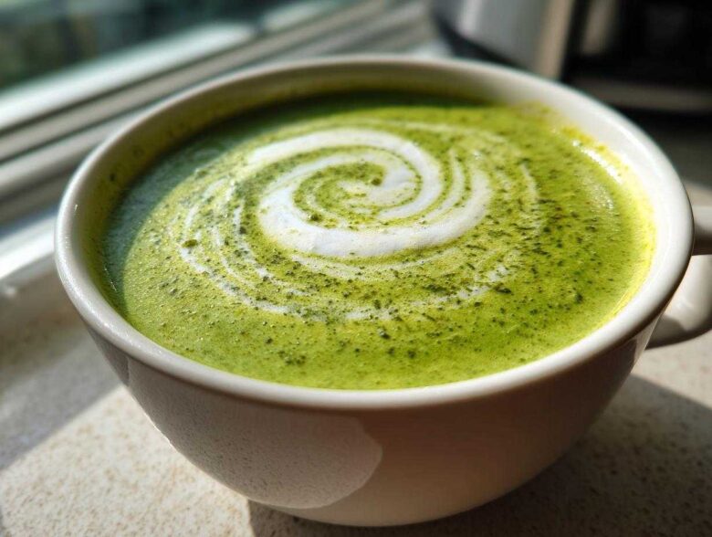 Close-up of a vibrant green beverage, likely a matcha latte, topped with white foam in a spiral design, not the Instant Pot Creamy Asparagus Soup.