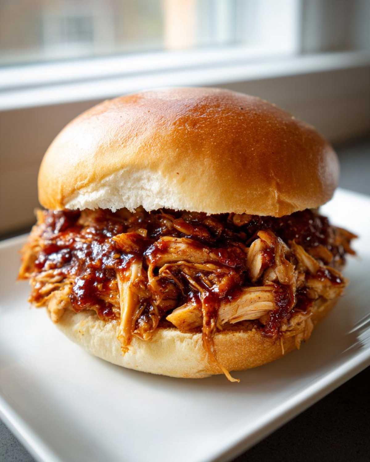 A close-up of a delicious Instant Pot BBQ Pulled Chicken Sandwich piled high on a brioche bun.