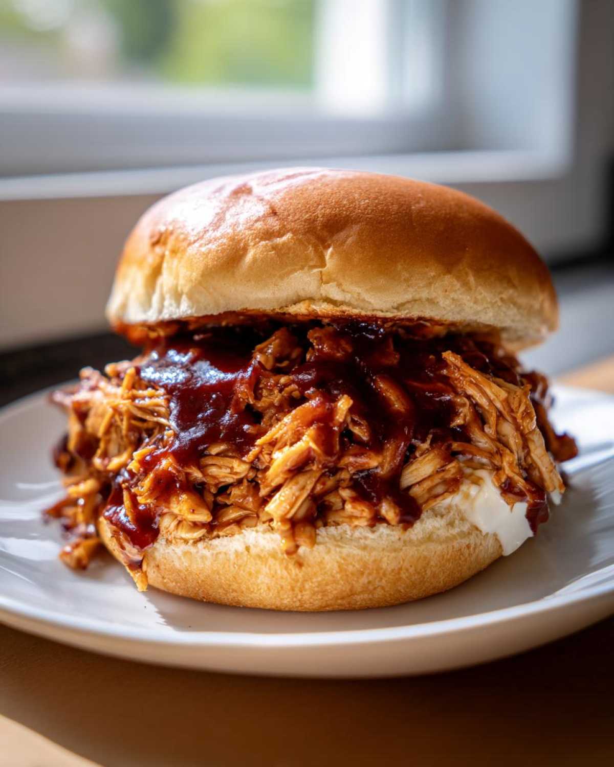 A close-up of a delicious Instant Pot BBQ Pulled Chicken Sandwich piled high on a white plate.