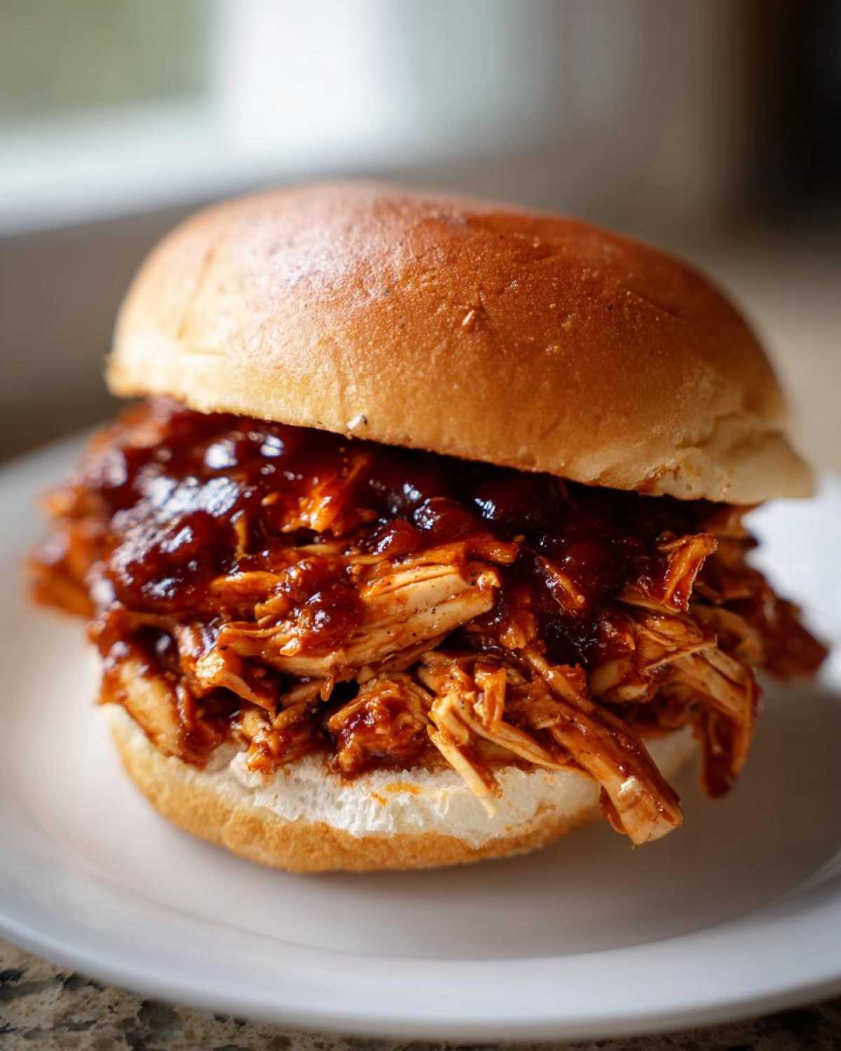A close-up of a delicious Instant Pot BBQ Pulled Chicken Sandwich piled high on a soft bun.