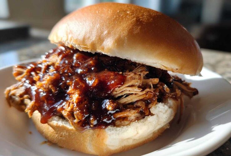 Close-up of a juicy Instant Pot BBQ Pulled Chicken Sandwich piled high on a soft bun with rich sauce.