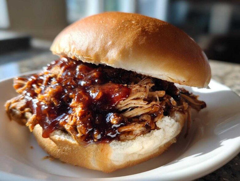 Close-up of a juicy Instant Pot BBQ Pulled Chicken Sandwich piled high on a soft bun with rich sauce.