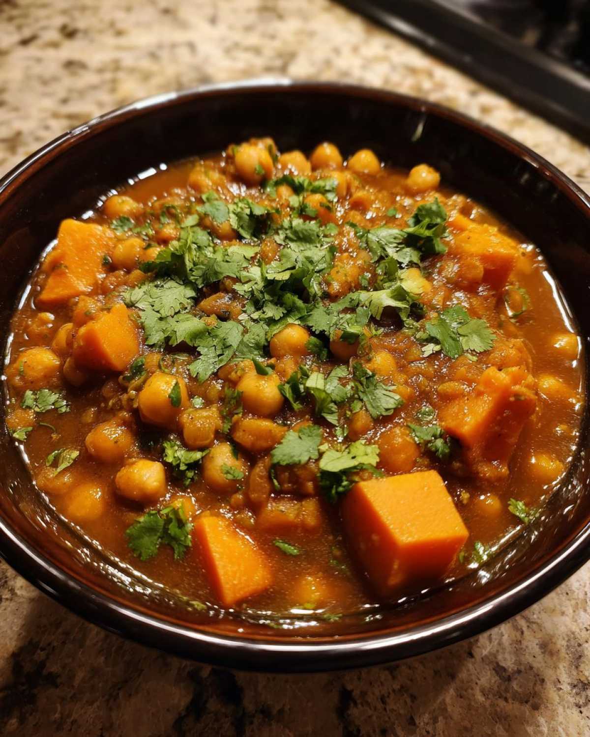 A close-up of a dark bowl filled with Instant Pot Moroccan Chickpea Stew with Sweet Potatoes, garnished with fresh cilantro.