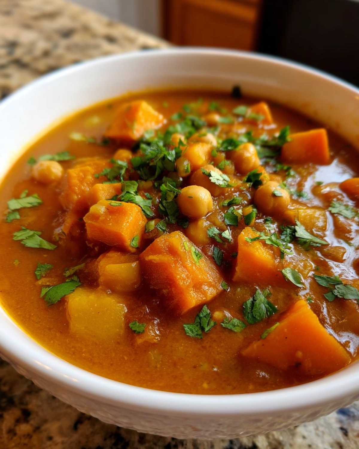 Close-up of a bowl of rich, orange Instant Pot Moroccan Chickpea Stew with sweet potatoes and fresh cilantro.