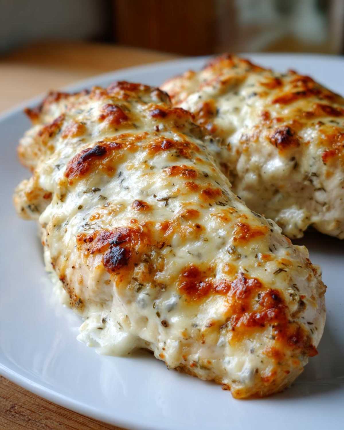 Close-up of two baked ranch chicken breasts topped with melted, bubbly, and slightly browned cheese.