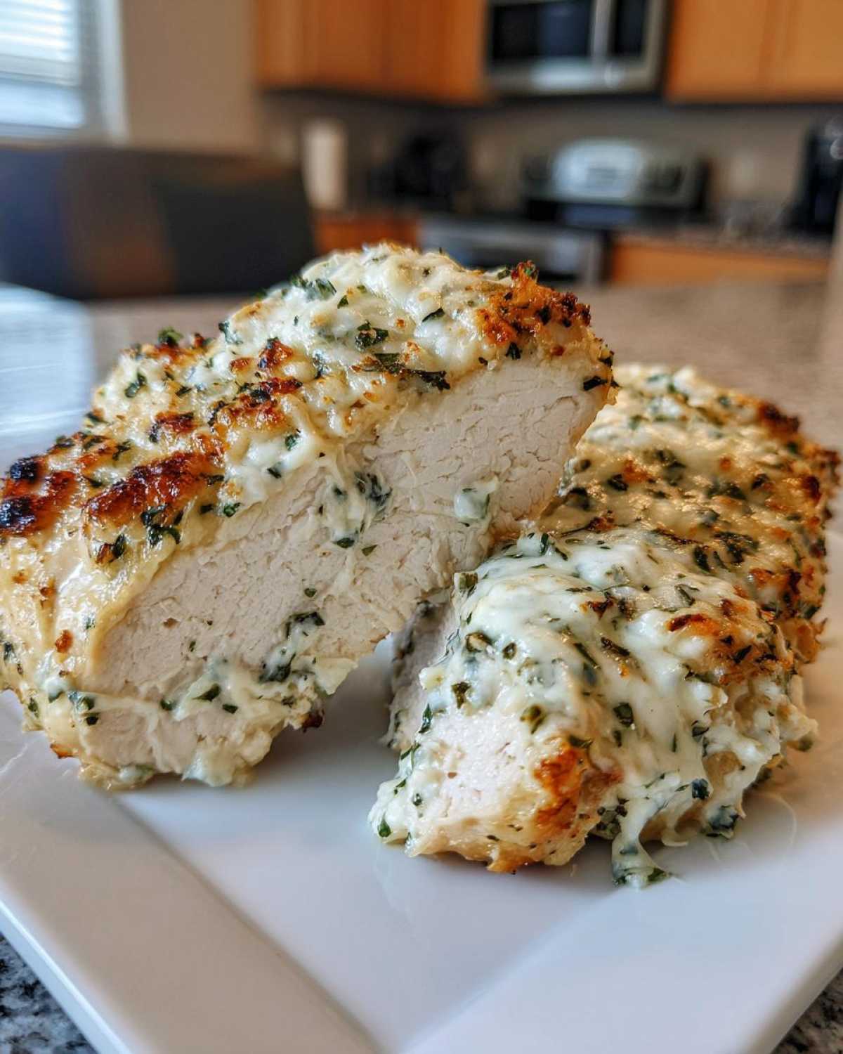 Close-up of baked ranch chicken cut in half, showing moist white meat and cheesy ranch topping.