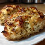 Two portions of juicy baked ranch chicken with a golden, cheesy, herb-crusted top on a white plate.
