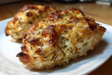 Two portions of juicy baked ranch chicken with a golden, cheesy, herb-crusted top on a white plate.
