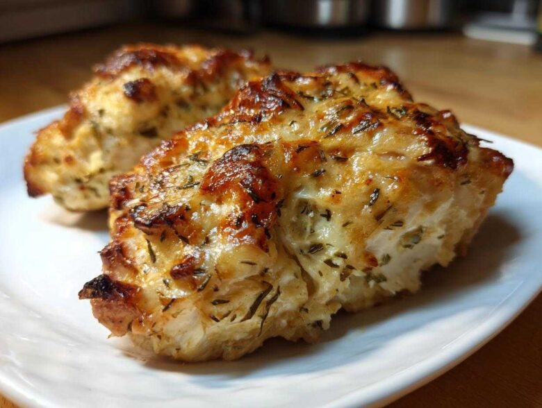 Two portions of juicy baked ranch chicken with a golden, cheesy, herb-crusted top on a white plate.