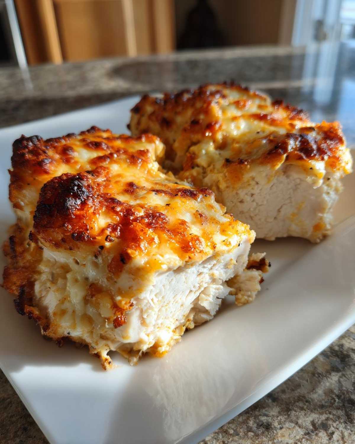 Close-up of three juicy pieces of baked ranch chicken, showing the white interior and a bubbly, golden-brown cheese topping.