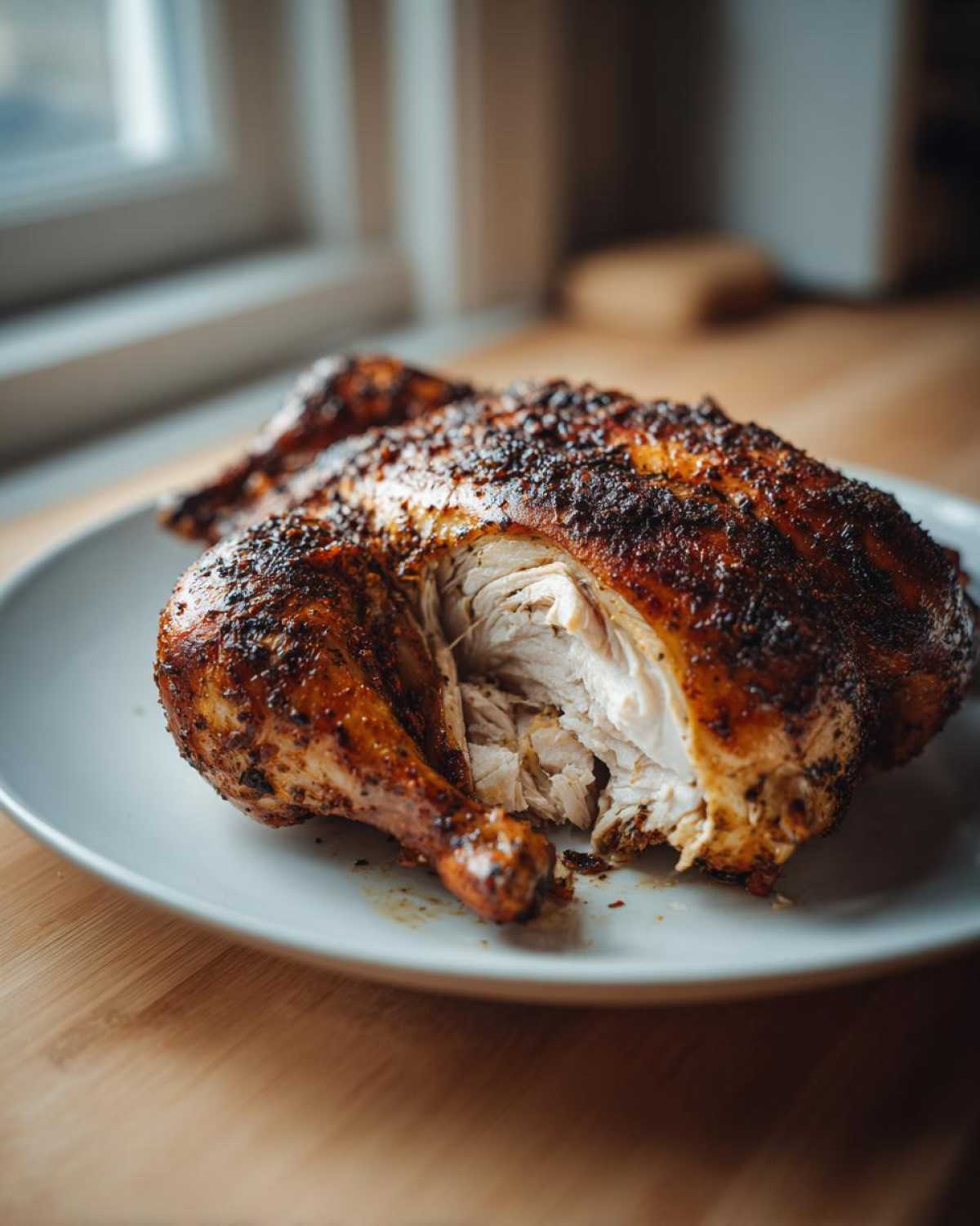 Close-up of a perfectly cooked spatchcock chicken, showing moist white meat where it has been cut open.