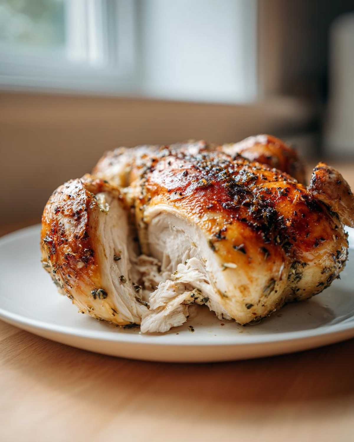Close-up of a perfectly cooked spatchcock chicken, showing moist white meat where a piece has been pulled away.