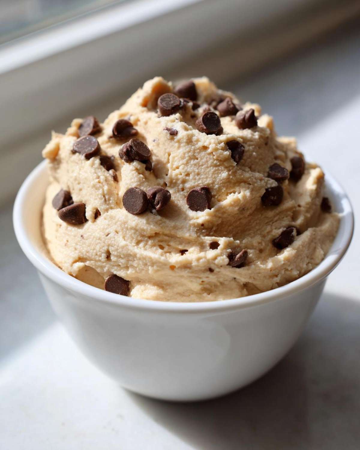 A close-up of rich Keto Chocolate Chip Cookie Dough Dip topped with mini chocolate chips in a white bowl.