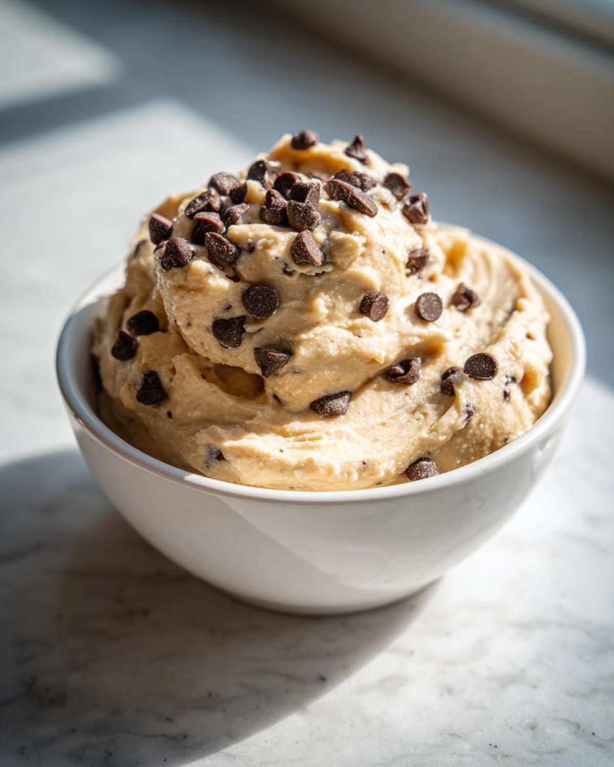 A white bowl filled high with creamy Keto Chocolate Chip Cookie Dough Dip, topped generously with mini chocolate chips.
