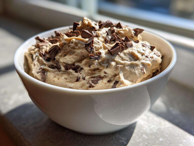 A white bowl filled with creamy Keto Chocolate Chip Cookie Dough Dip topped with chocolate chunks.