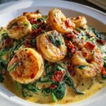 Close-up of Keto Creamy Tuscan Shrimp Skillet with seared shrimp, spinach, and sun-dried tomatoes in a rich sauce.